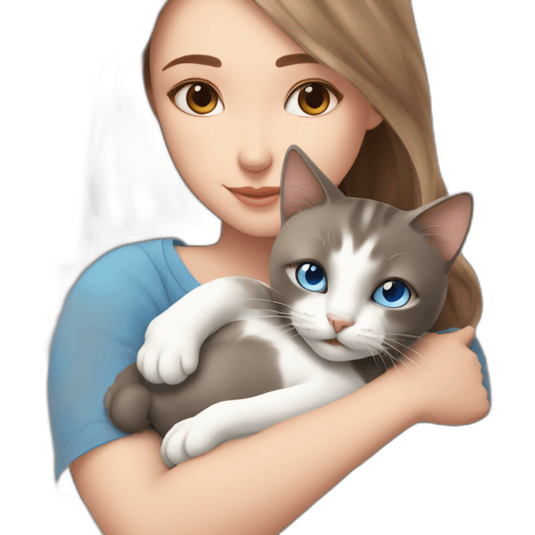 light gray, blue eyed cat cuddles brown highlighted colored girl emoji