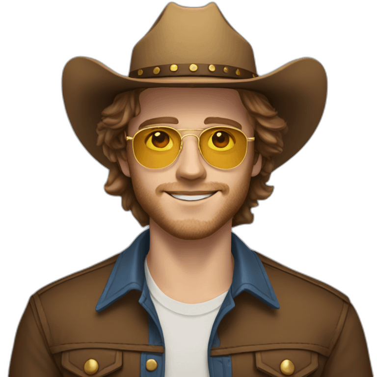 Realistic white man with golden glasses, blue eyes, and brown hair,20 years old, no bear, with a cowboy hat emoji