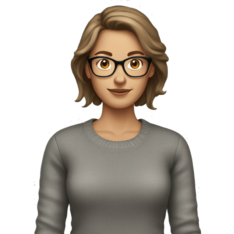 White woman, brown hair, gray sweater, glasses emoji