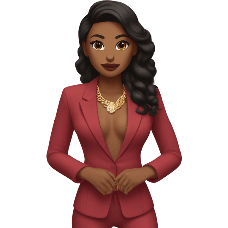 	 female •	Outfit: Deep red suit, gold necklace, pink clutch.
	•	Hair: Black, half-up with red bow, voluminous.
	•	Skin: Warm tan, smooth.
	•	Features: Defined brows, almond eyes, sharp jawline.
	•	Makeup: Winged liner, nude lips, soft blush. emoji