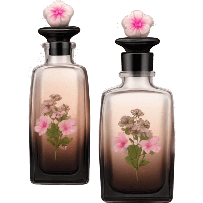 Two English vintage glass perfume bottles from my aristocratic grandmother, exquisite bottle shape, old and shabby, with label, stylish and minimalistic, black and brown with pink gradient, with little herbal and flowers  emoji