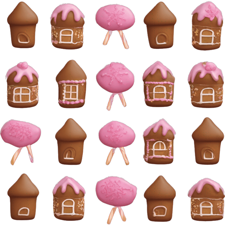 Lebkuchenhaus in braun mit rosa weißer Dekoration und zuckerstangen emoji