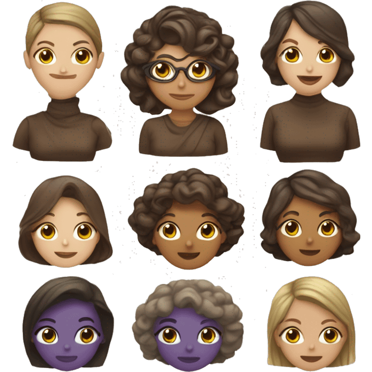 mujer blanca, pelo castaño, ojos cafés, ropa morada y cintillo de rana emoji