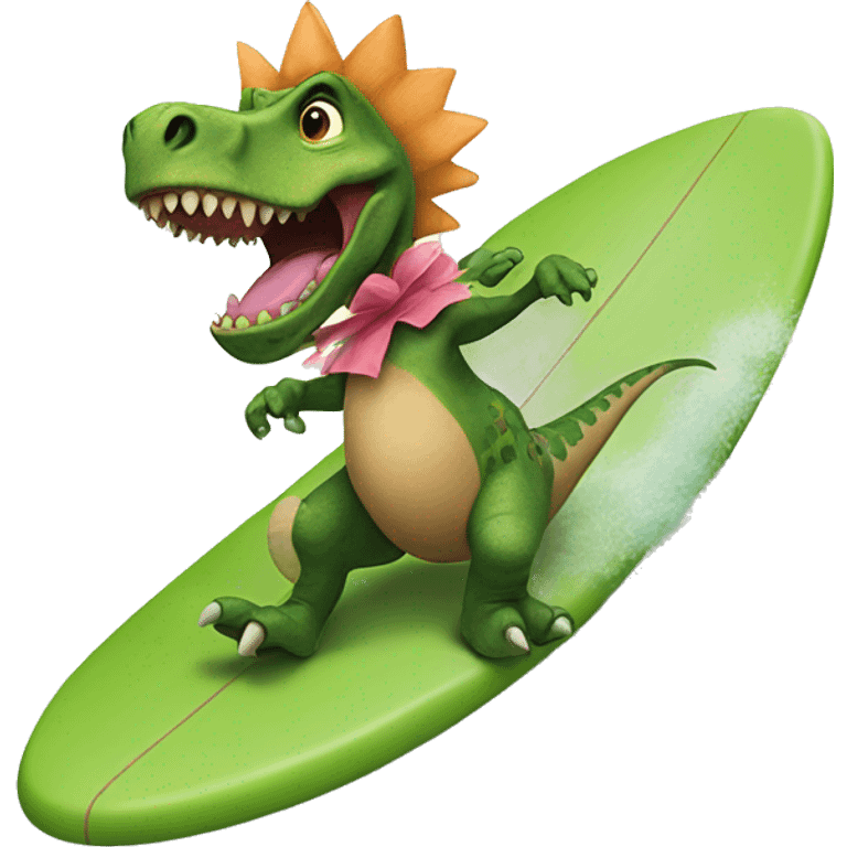 dinosaur on a surfboard wearing a tutu emoji