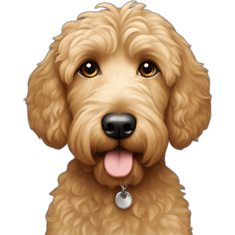 goldendoodle con mujer 30 años  castaña ojos claros, cabello melena al hombro, tez clara emoji