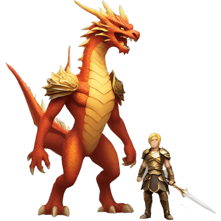 A powerful warrior standing in front of a dragon The dragon looks angrily at the warrior with its golden points emoji