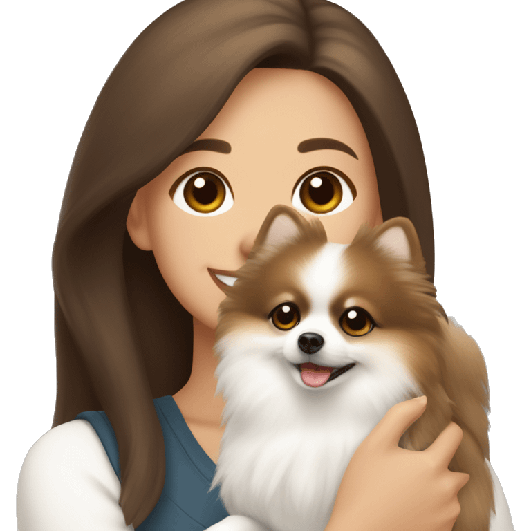 beige and white Pomeranian in the hands of a white young woman with dark brown hair smiling and cuddling the dog  emoji