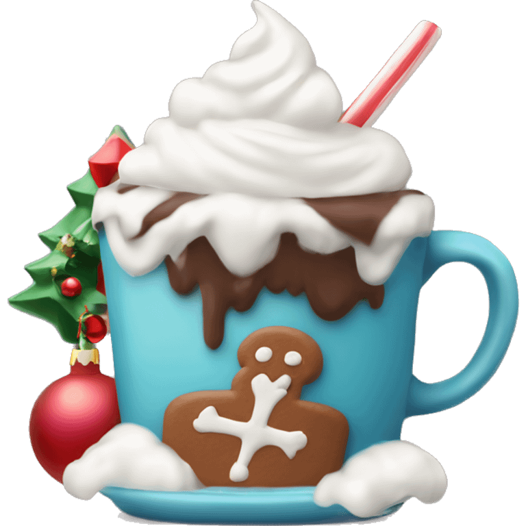 Steaming hot chocolate mug with whipped cream and Christmas decoration emoji