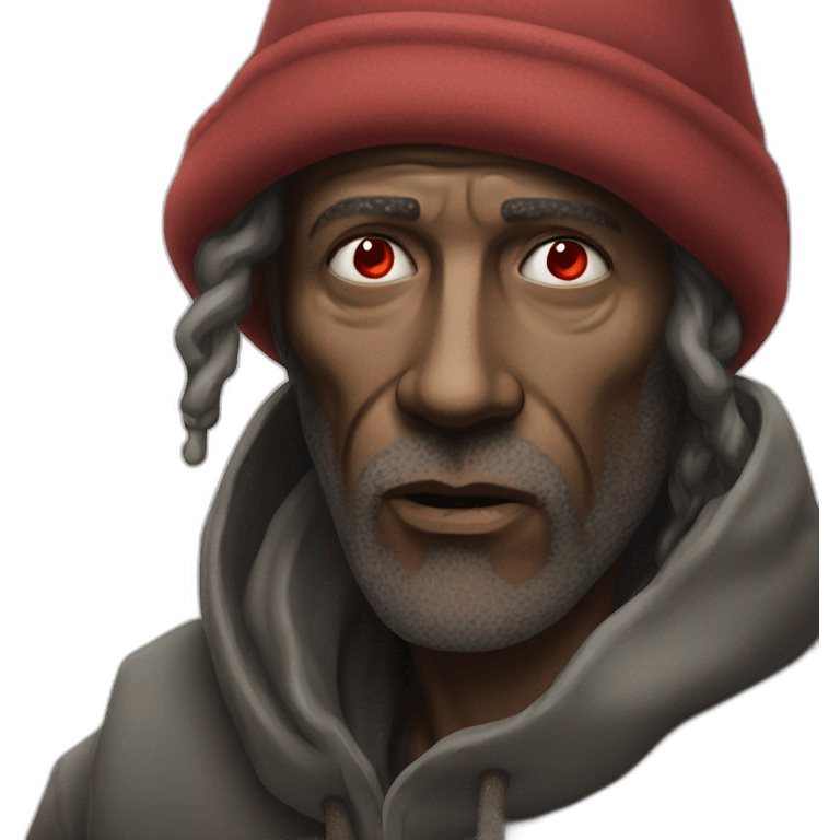 Homeless man with red eye whites smoking emoji