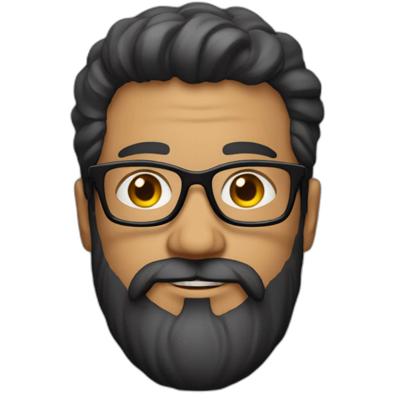 White man with a sun kissed tan. His hair is black, styled sideways backwards. He has a beard and mustache trimmed. Wears s black t-shirt and grey glasses emoji