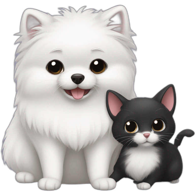 white pomeranian, black cat and gray mouse hug emoji