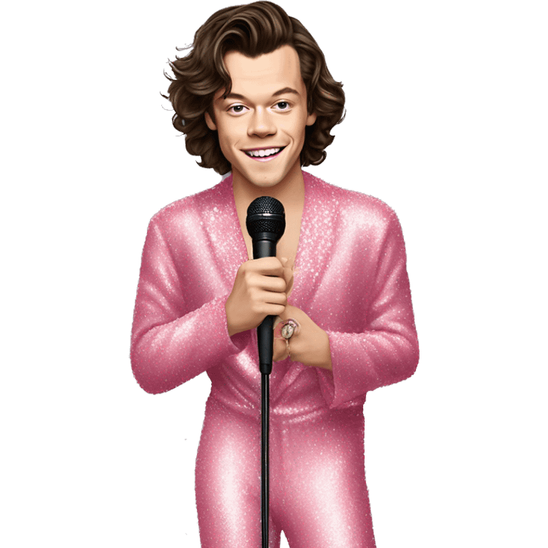 singer Harry Styles in a pink sparkly jumpsuit holding a microphone emoji