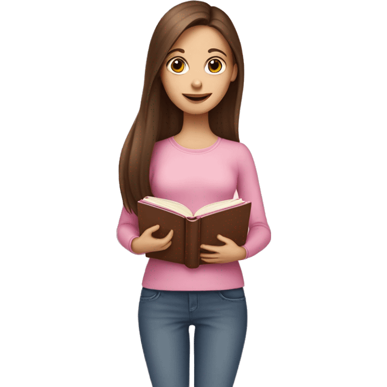 fair-skinned girl with long and straight brown hair holding a baby-pink-colored book emoji