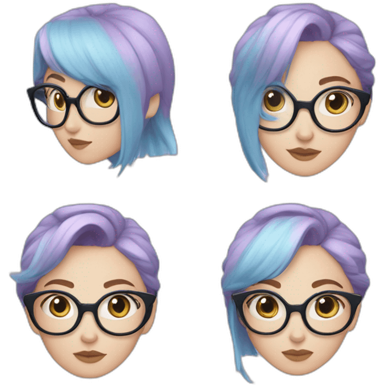 White girl with light purple hair with Ponytail and Split bangs in 3 and pastel pink and pastel blue frame rounded glasses with a black shirt emoji