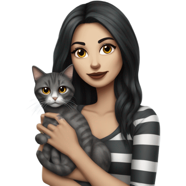 Beautiful dark haired tattooed woman holding gray and white stripe long haired cat emoji