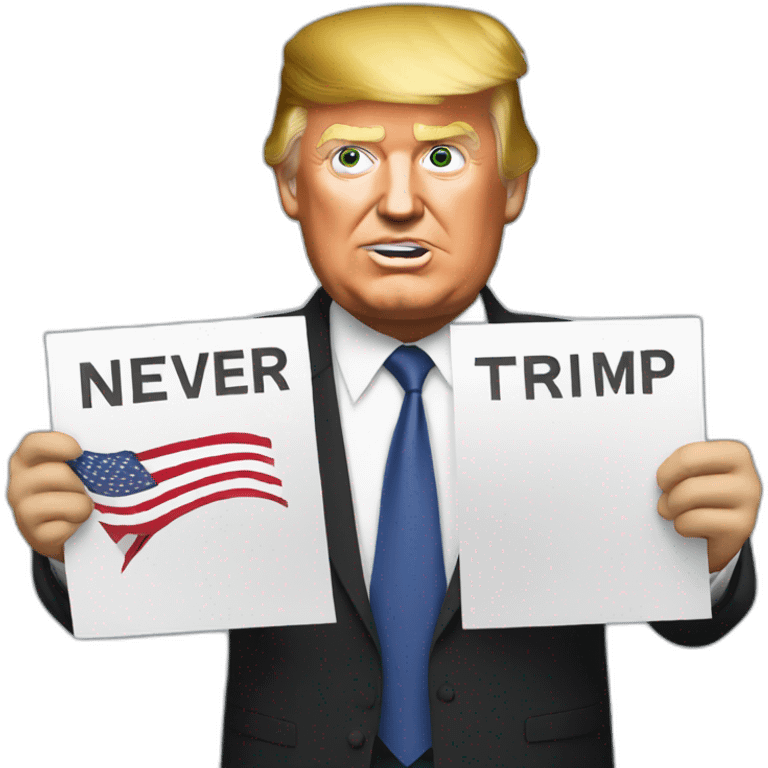 Trump holding sign with letters never again on it emoji