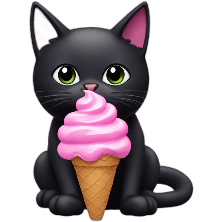 black cat eating a pink ice cream emoji