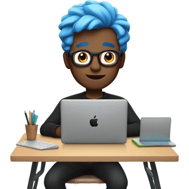 memoji of a man with a laptop in front, apple-style, modern, blue hair, black sweater, computer in hand, sites on a desk emoji