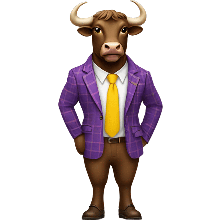 Brown bull with horns standing up wearing purple plaid suit with yellow tie wearing brown shoes emoji