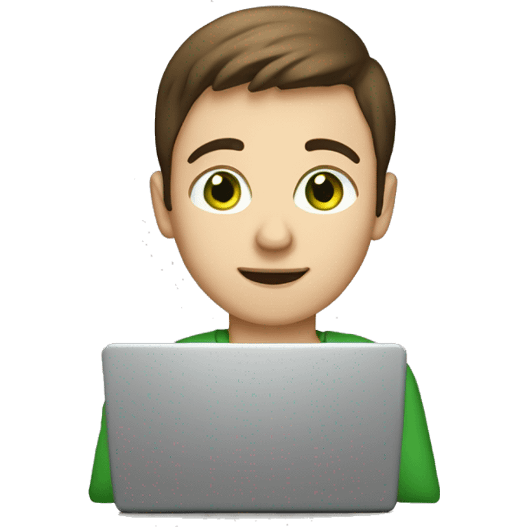 caucassian young man with short brown hair and green eyes working on laptop emoji