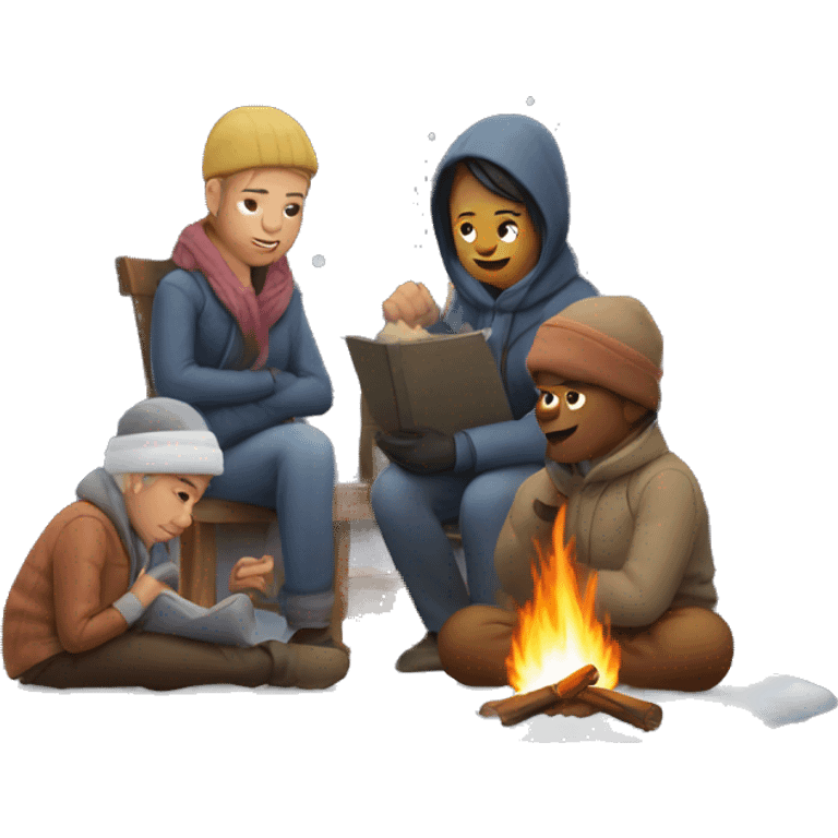 People sitting around fire while it's snowing emoji