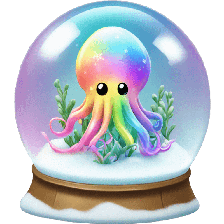 Kawaii rainbow pastel bedazzled squid in a garden snow globe  emoji