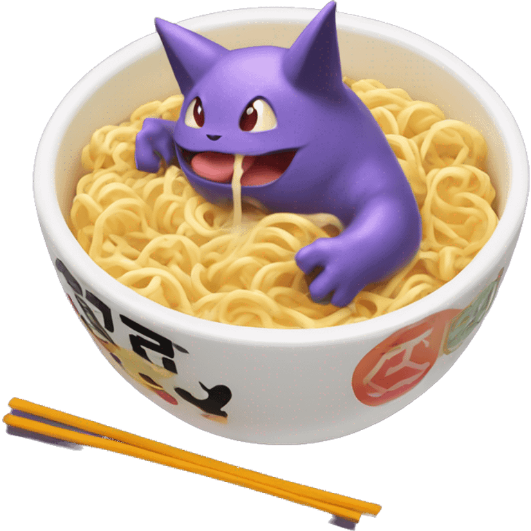 Pokémon character Gengar eating abowl of ramen noodles while floating  emoji