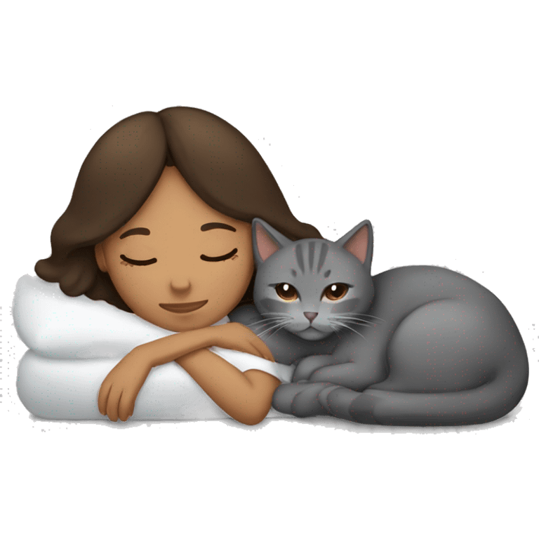 Brunette brown Girl and grey cat sleeping  emoji