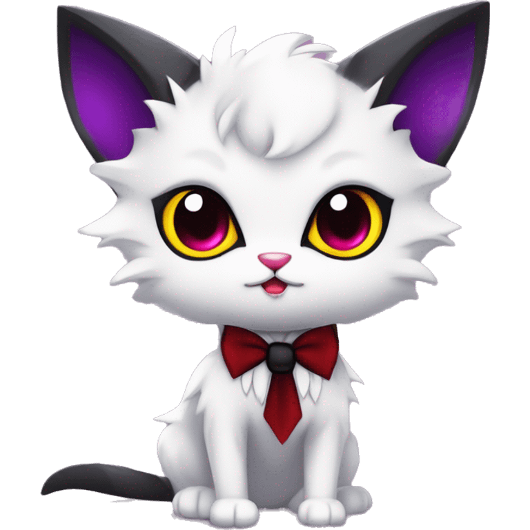 Cute-Evil-Vampiric-Batty-Cat-Black-Purple-Red-Yellow-White-Contrast-Colors-Fantasy-Fur-Sona-Chibi-Shiny-Fakémon-Hybrid with horns and big fangs neck bow white tie leg spats full body emoji