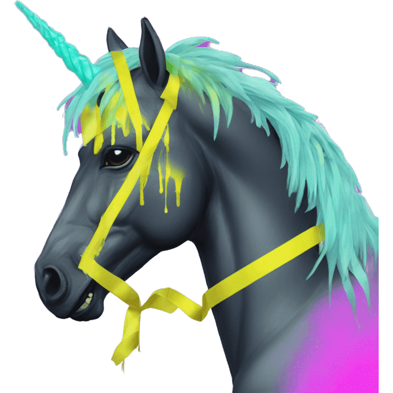 .Zombie_ Vaporwave black holographic oilslick zombie unicorn yellow caution tape graffiti Pegasus emoji