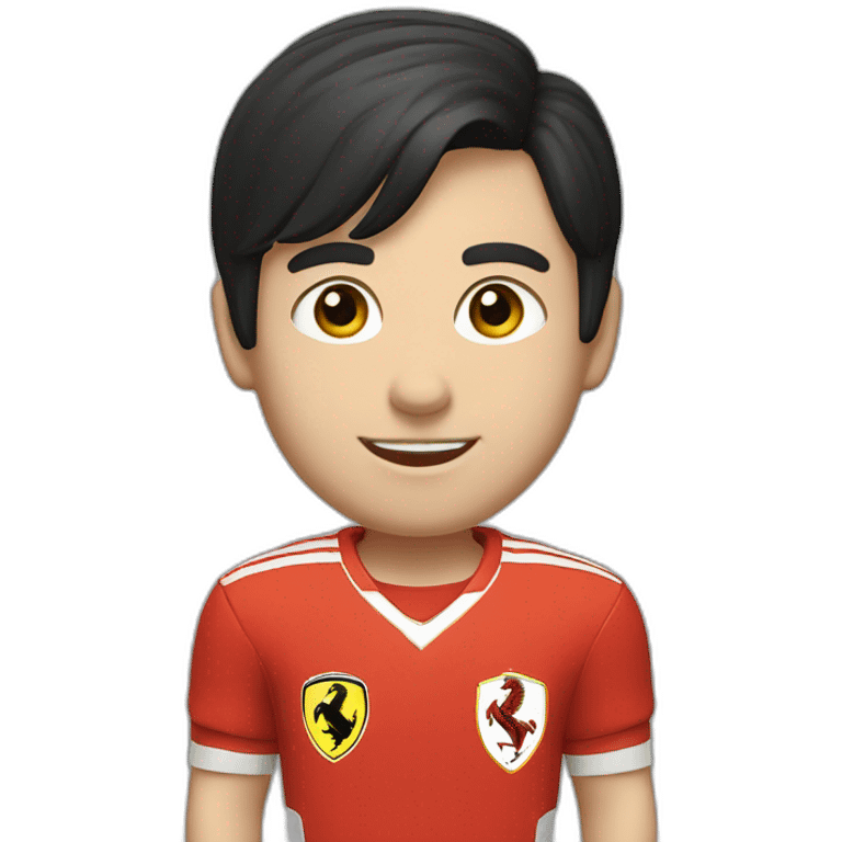 A young smiling white boy with a long face in red Ferrari jersey with very short black hair and light green eyes and dig cheeks emoji