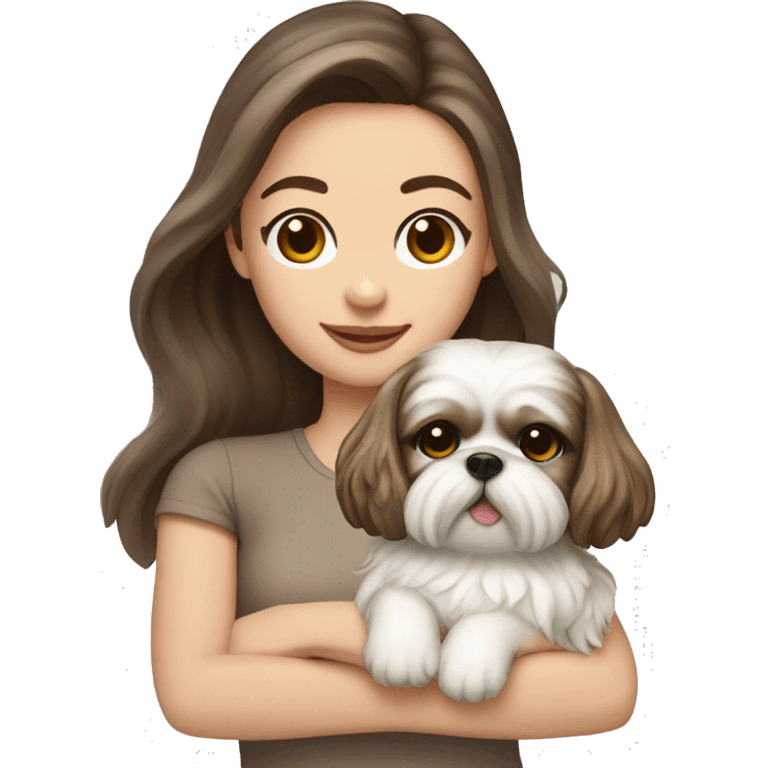 Young brunette hair woman with a cream shih tzu in her arms long wavy hair emoji