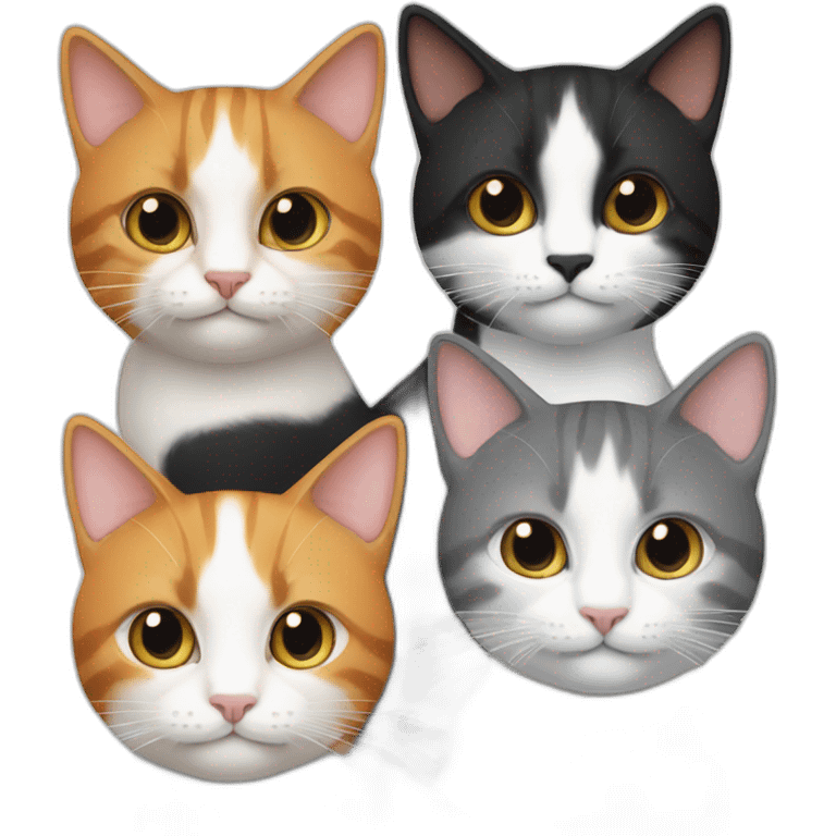 four cats one all black, one black and white, one ginger and white, one dark grey and white emoji