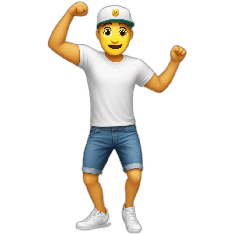 white man, t-shirt, cap and short shorts, dancing emoji