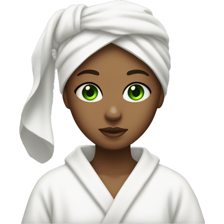 A girl with green eyes with a mask on her face, wearing a white towel on her head and a white robe emoji