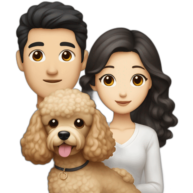 A couple consisting of asian korean man with black eyes and black hair and white girl with long straight blonde hair and brown eyes with brown toy poodle emoji