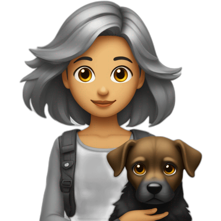 Fille aux cheveux noirs qui portent un chien gris dans ses bras emoji