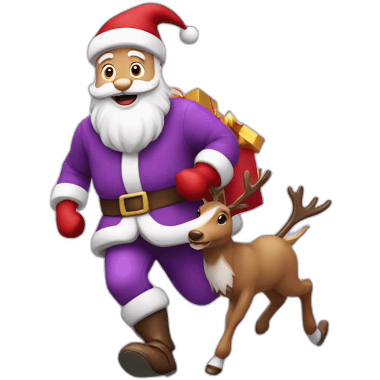 Santa Claus dressed in purple running with the reindeer to deliver the presents emoji