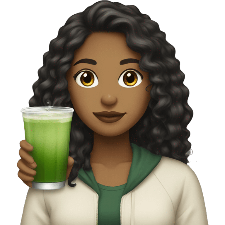 A brown girl who’s drink matcha with black curly long hair  emoji