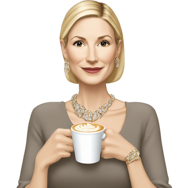 Kelly Rutherford with jewellery wearing white drinking cappucino emoji