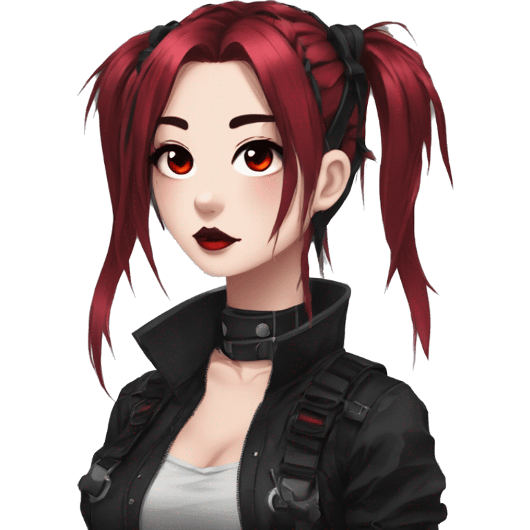 Gorgeous gothic dark techwear anime style lady with blushing face aesthetic and pretty edgy black red punk messy ponytail hair with collar and harness trending style emoji