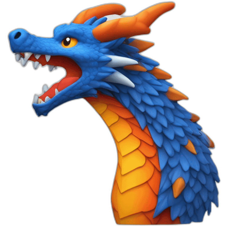 Un dragon mi loup de couleur rouge, bleu, blanc et orange moutardes, avec des corne de bélier orange moutard. Il qui crache du feux emoji