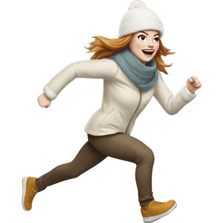 Emma Stone running, with a large stride and arms outstretched, with long golden brown hair, wearing an snow hat and scarf emoji