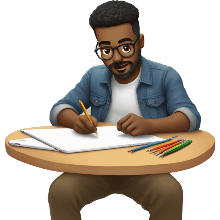 👨‍🎨📱✍️ A creative man is focused, drawing on an iPad with a stylus. , using the iPad placed on a table. with art tools like brushes and pencils around him. 🎨 emoji