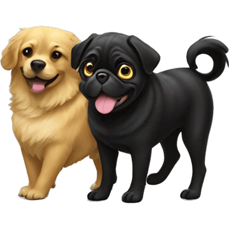 A black pug playing with a golden retriever  emoji