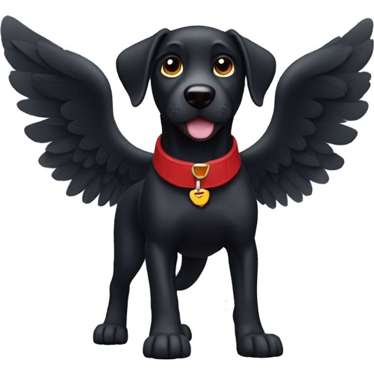 black dog, playful, running, big jowls, sad puppy eyes, wings, winged dog, angel wings,red collar emoji