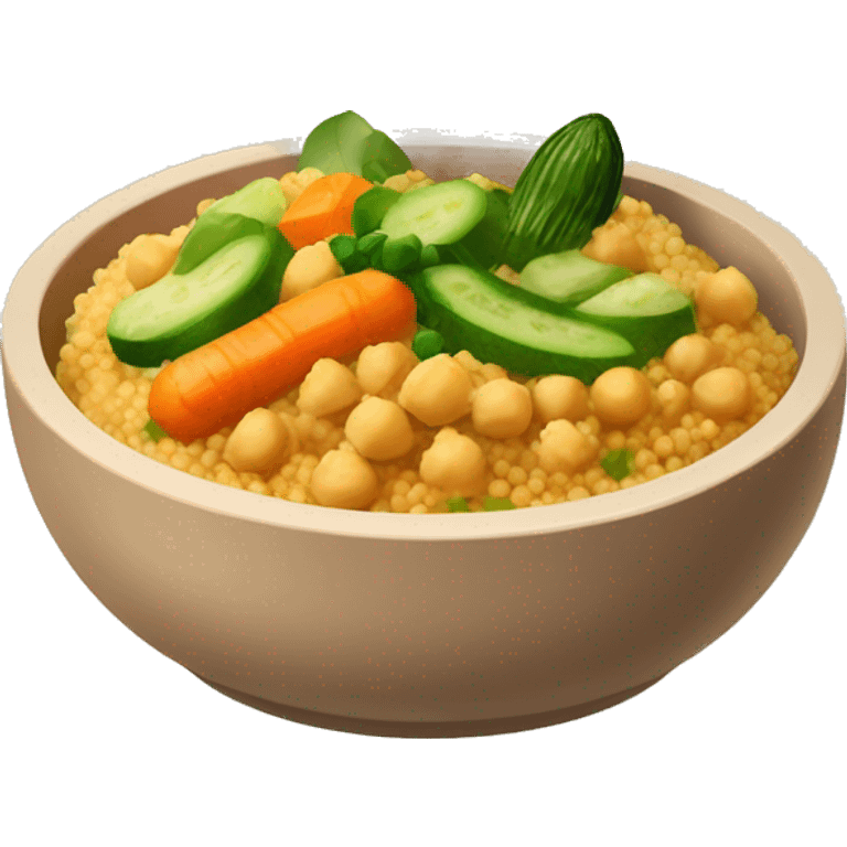 Bowl of Couscous dish with orange sauce, carrots, zucchini, chickpeas and meat on top emoji