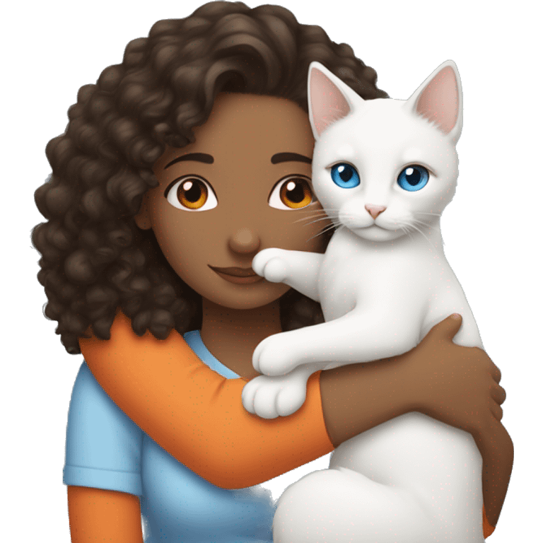 A brunette and curly hair woman hugging a white cat with blue eyes and orange ears emoji