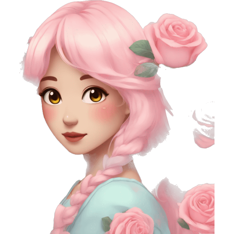 Gorgeous pastel anime style lady with blushing face and roses aesthetic trending style emoji