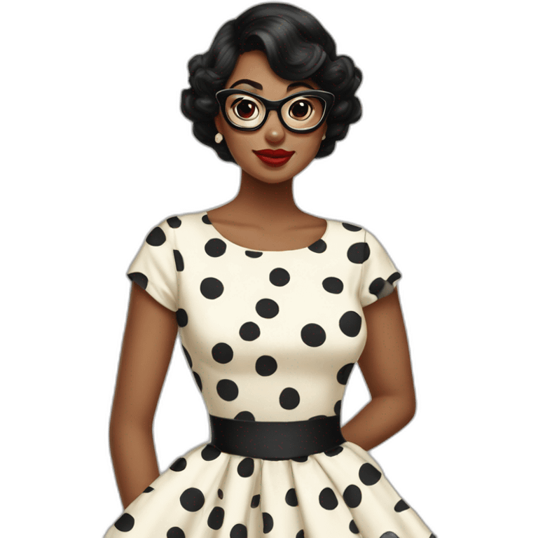 Black haired woman who wears classic pinup dresses with polka dots and big eyecat glasses  emoji